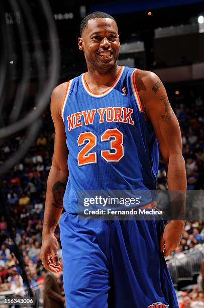 Marcus Camby of the New York Knicks smiles during the game between the New York Knicks and the Orlando Magic on November 13, 2012 at Amway Center in...