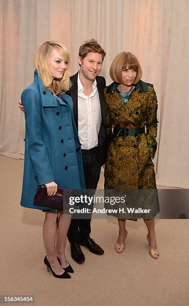 Actress Emma Stone, Burberry CCO Christopher Bailey and Vogue Editor-in-Chief Anna Wintour attend The Ninth Annual CFDA/Vogue Fashion Fund Awards at...