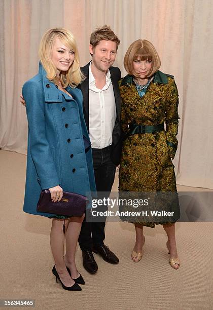 Actress Emma Stone, Burberry CCO Christopher Bailey and Vogue Editor-in-Chief Anna Wintour attend The Ninth Annual CFDA/Vogue Fashion Fund Awards at...
