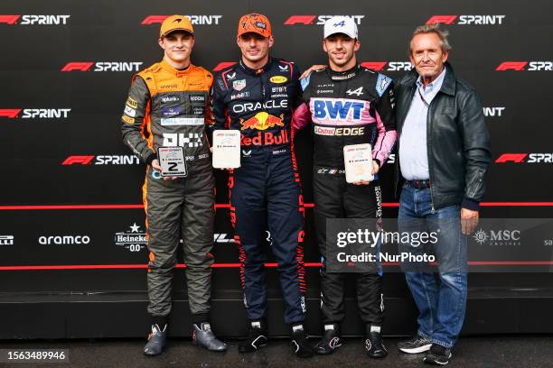 Oscar Piastri of McLaren, Max Verstappen of Red Bull Racing, Pierre Gasly of Alpine and Jacky Ickx after the Sprint ahead of the F1 Grand Prix of...