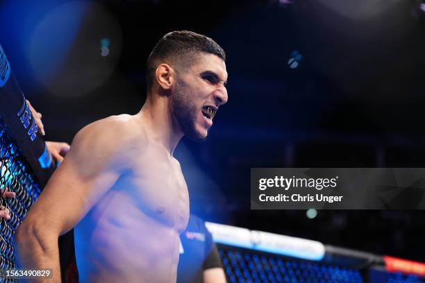 Fares Ziam of France is introduced prior to facing Jai Herbert of England in their lightweight fight during the UFC Fight Night at The O2 Arena on...