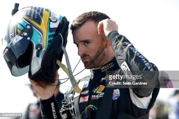 Austin Dillon, driver of the BREZTRI Chevrolet, prepares to practice for the NASCAR Cup Series HighPoint.com 400 at Pocono Raceway on July 22, 2023...