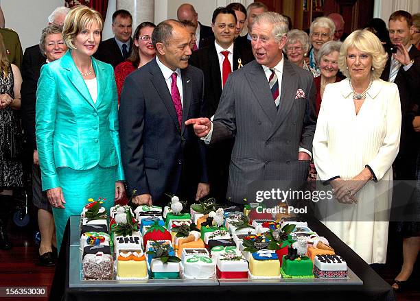 Prince Charles, Prince of Wales cuts his 64th birthday cake with Governor-General of New Zealand Sir Jerry Mateparae at Government House on November...
