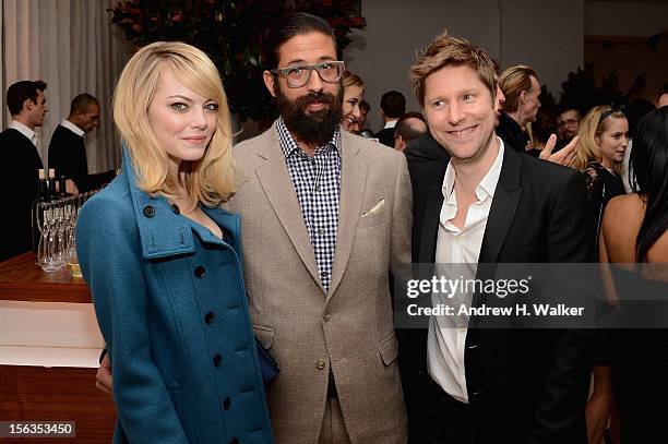 Actress Emma Stone, designer Greg Chait and Burberry CCO Christopher Bailey attend The Ninth Annual CFDA/Vogue Fashion Fund Awards at 548 West 22nd...