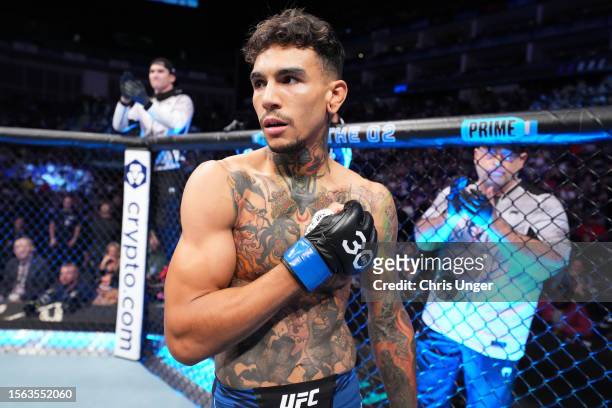 Andre Fili is introduced prior to facing Nathaniel Wood of England in their featherweight fight during the UFC Fight Night at The O2 Arena on July...
