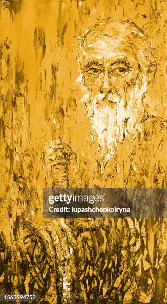 illustration oil painting portrait of elderly man with a beard sword in hand in sepia - elderly people stock illustrations