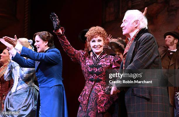 Actors Stephanie J. Block, Chita Rivera and Jim Norton come out for a curtain call during the 'The Mystery Of Edwin Drood' Broadway Opening Night at...