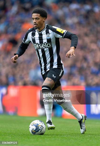 Jamal Lewis of Newcastle United in action during the pre-season friendly match between Rangers and Newcastle at Ibrox Stadium on July 18, 2023 in...