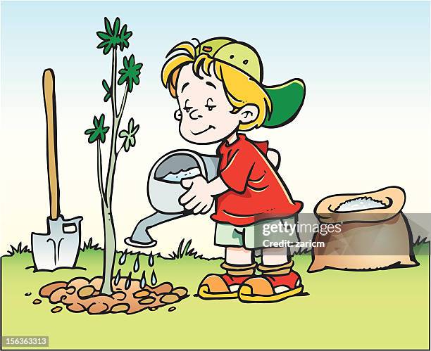 poting a tree - boy ladle stock illustrations