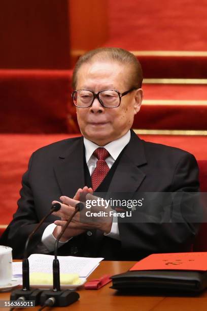 Former President Jiang Zemin attends the closing session of the 18th National Congress of the Communist Party of China at the Great Hall of the...