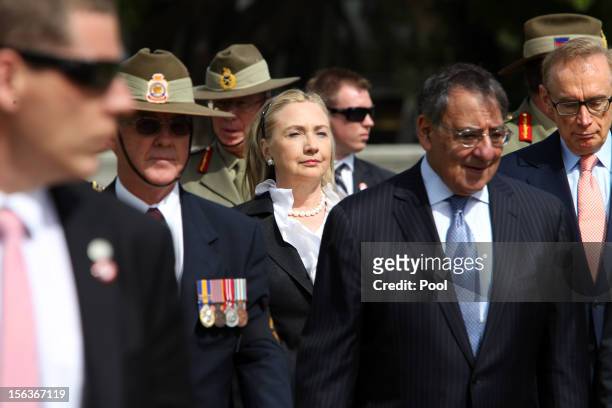 Secretary of State Hillary Clinton, Australian Foreign Minister Bob Carr and US Secretary of Defense Leon Panetta attend a wreath-laying ceremony at...