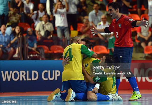 Falcao of Brazil celebrates after scoring his teams third goal during the FIFA Futsal World Cup Quarter-Final match between Argentina and Brazil at...