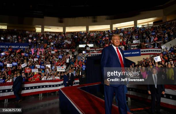 Former U.S. President Donald Trump enters Erie Insurance Arena for a political rally while campaigning for the GOP nomination in the 2024 election on...