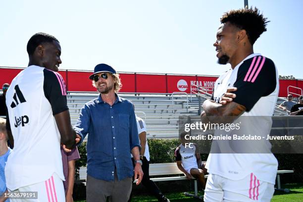 Actor Owen Wilson with Timothy Weah and Weston McKennie during a Juventus FC training session at LMU Playa Vista Campus on July 29, 2023 in Los...