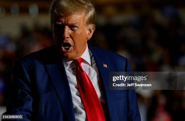 Former U.S. President Donald Trump enters Erie Insurance Arena for a political rally while campaigning for the GOP nomination in the 2024 election on...