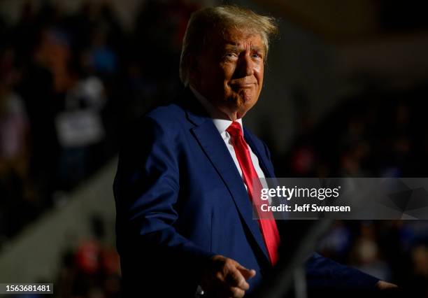 Former U.S. President Donald Trump enters Erie Insurance Arena for a political rally while campaigning for the GOP nomination in the 2024 election on...