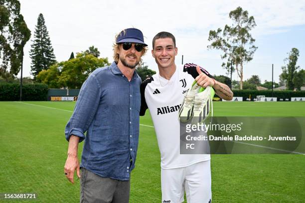 Actor Owen Wilson with Matias Soule during a Juventus FC training session at LMU Playa Vista Campus on July 29, 2023 in Los Angeles, California.