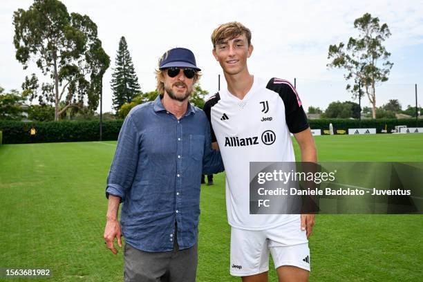 Actor Owen Wilson with Dean Huijsen during a Juventus FC training session at LMU Playa Vista Campus on July 29, 2023 in Los Angeles, California.