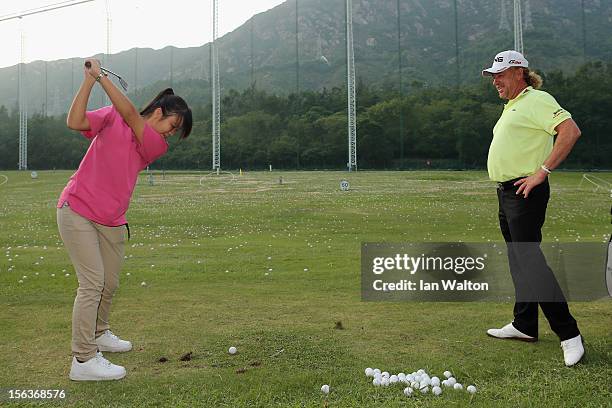 Miguel Angel Jimenez of Spain takes part in a Junior Golf Clinic at Tuen Mun Golf Centre on November 14, 2012 in Hong Kong, Hong Kong.