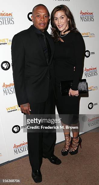 Producer Dr. Dre and his wife Nicole Threatt attend the Premiere Of "American Masters Inventing David Geffen" at The Writers Guild of America on...