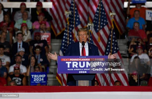 Former U.S. President Donald Trump speaks to supporters during a political rally while campaigning for the GOP nomination in the 2024 election at...