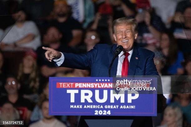 Former US President and 2024 presidential hopeful Donald Trump speaks during a campaign rally in Erie, Pennsylvania, on July 29, 2023.