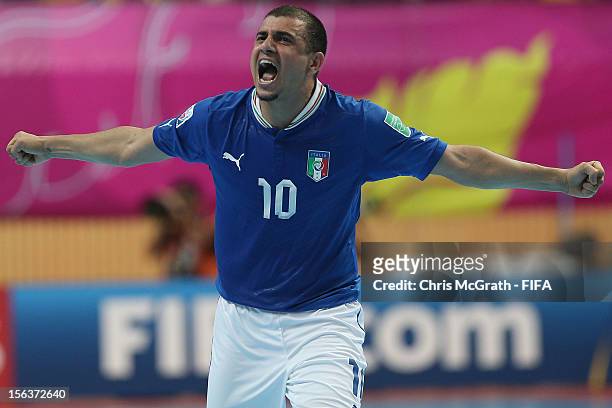 Jairo Dos Santos of Italy celebrates a goal against Portugal during the FIFA Futsal World Cup, Quarter-Final match between Portugal and Italy at...
