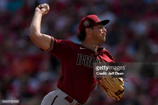 Brandon Pfaadt of the Arizona Diamondbacks pitches in the fourth inning against the Cincinnati Reds at Great American Ball Park on July 22, 2023 in...