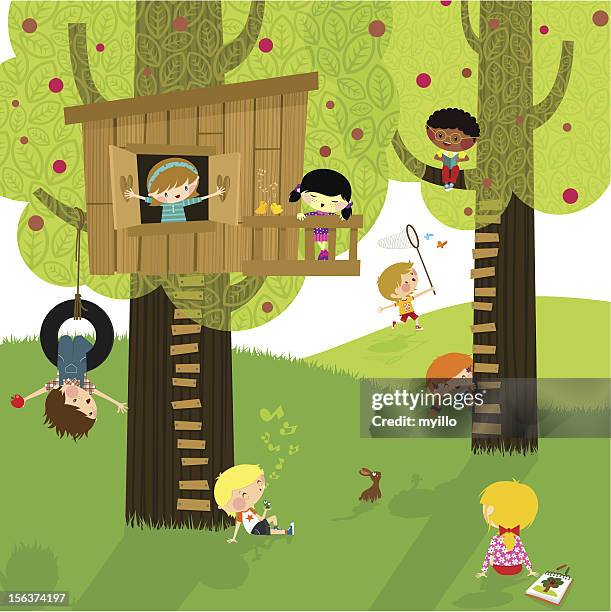 kids and nature. summer camp. playing & learning. - leisure outdoors kids stock illustrations