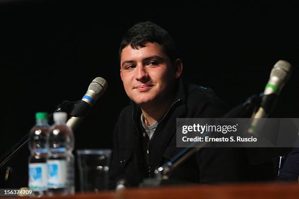 Actor Marco Pagliaro attends the 'Acqua Fuori Dal Ring/La Prima Legge Di Newton' Press Conference during the 7th Rome Film Festival at the Auditorium...