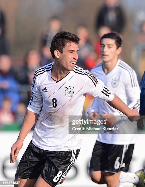 Rani Khedira celebrates his 2:0 during the International Friendly match between U19 Germany and U19 France at Rheinstadium on November 14, 2012 in...