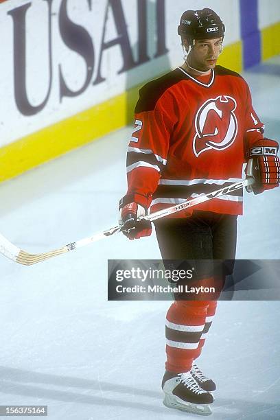 Bill Guerin of the New Jersey Devils looks on before a hockey game against the Washington Capitals on April 1, 1997 at USAir Arena in Landover,...