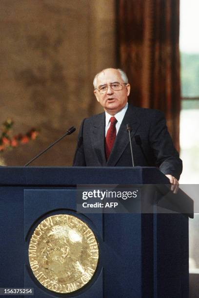 Soviet President Mikhail Gorbachev makes his long-postponed Nobel Peace Prize award acceptance speech in the Oslo City Hall on June 5, 1991....