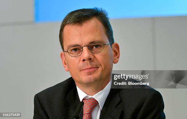 Dominik Asam, chief financial officer of Infineon Technologies AG, pauses during the company's earnings news conference in Munich, Germany, on...