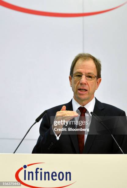 Reinhard Ploss, chief executive officer of Infineon Technologies AG, speaks during the company's earnings news conference in Munich, Germany, on...