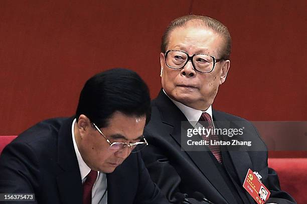 Chinese President Hu Jintao and former president Jiang Zemin attend closing of the 18th Communist Party Congress at the Great Hall of the People on...