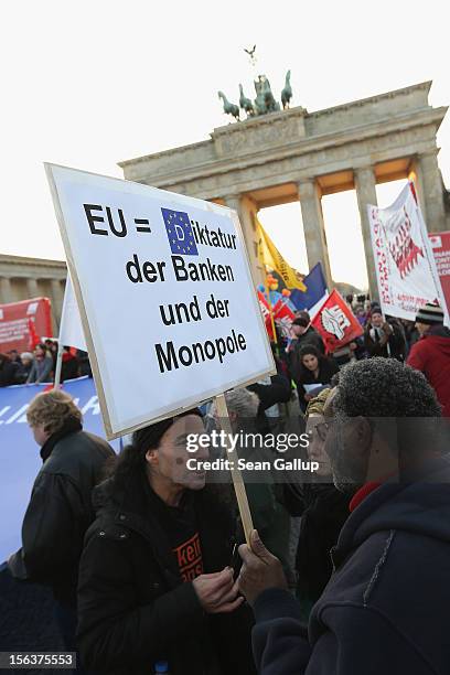 Protesters, including one that holds a sign that reads: "EU=Dictatorship of Banks and Monopoly," demonstrate in solidarity with the...