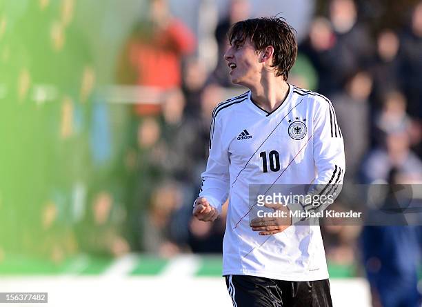 Fabian Schnellhardt of Germany celebrates his 3:0 during the International Friendly match between U19 Germany and U19 France at Rheinstadium on...