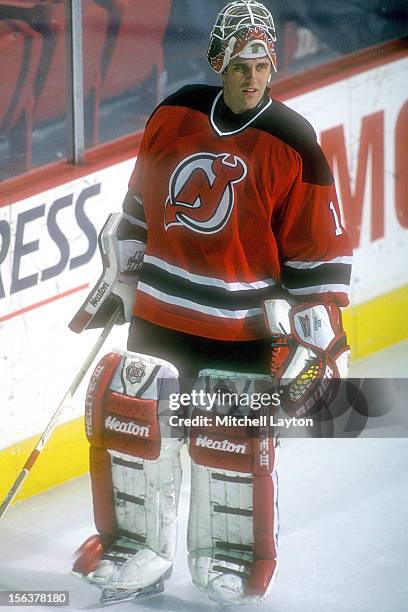 Mike Dunham of the New Jersey Devils skates before a hockey game against the Washington Capitals on April 1, 1997 at USAir Arena in Landover,...