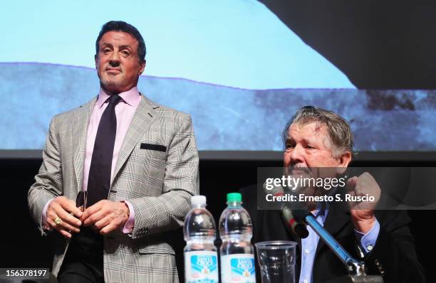 Actor Sylvester Stallone and director Walter Hill attend the 'Bullet To The Head' Press Conference during the 7th Rome Film Festival at the...