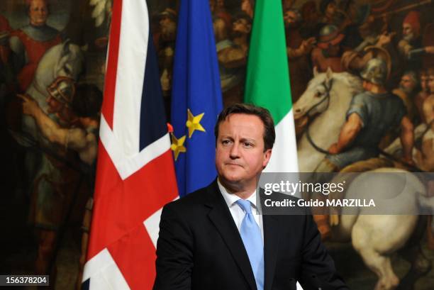 British Prime Minister David Cameron speaks during a meeting with Italian Prime Minister Mario Monti at Palazzo Chigi on November 13, 2012 in Rome,...