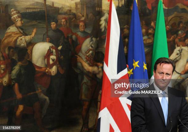 British Prime Minister David Cameron speaks during a meeting with Italian Prime Minister Mario Monti at Palazzo Chigi on November 13, 2012 in Rome,...