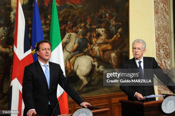 Italian Prime Minister Mario Monti meets British Prime Minister David Cameron at Palazzo Chigi on November 13, 2012 in Rome, Italy. During the press...