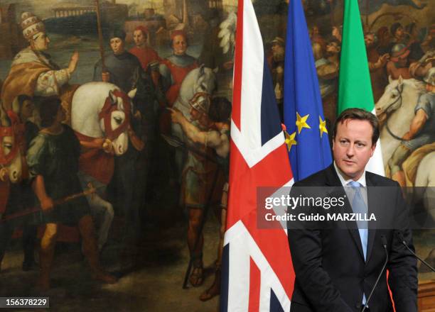 British Prime Minister David Cameron speaks during a meeting with Italian Prime Minister Mario Monti at Palazzo Chigi on November 13, 2012 in Rome,...