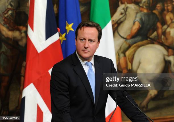 British Prime Minister David Cameron speaks during a meeting with Italian Prime Minister Mario Monti at Palazzo Chigi on November 13, 2012 in Rome,...