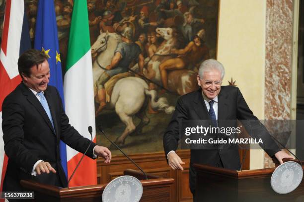 Italian Prime Minister Mario Monti meets British Prime Minister David Cameron at Palazzo Chigi on November 13, 2012 in Rome, Italy. During the press...