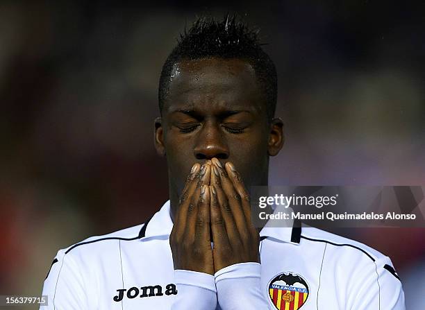 Aly Cissokho of Valencia reacts before the UEFA Champions League group F match between Valencia CF and FC BATE Borisov at Estadi de Mestalla on...