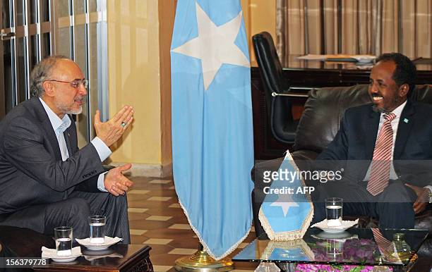 Iranian Foreign Minister Ali Akbar Salehi and Somali president Hassan Sheik Mahmud speak together at the presidential palace in Mogadishu, Somalia on...