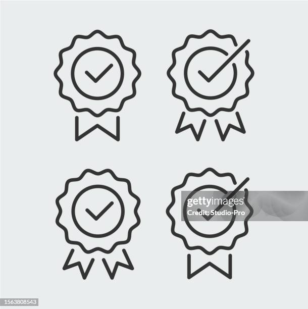 häkchen bei auszeichnungssymbol gesetzt. vorlage für flache strichzeichnungssymbole - quality sport images stock-grafiken, -clipart, -cartoons und -symbole