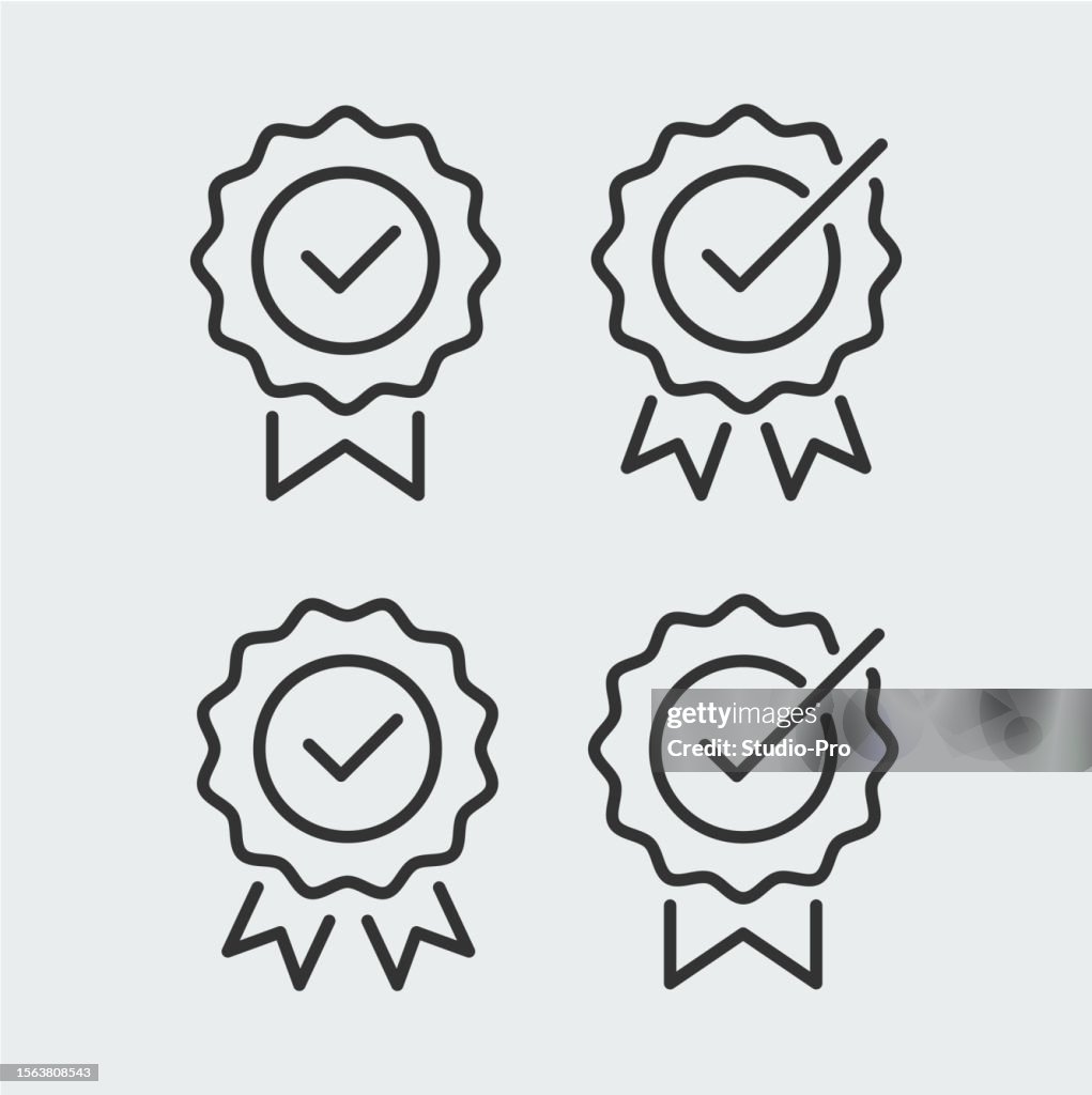 Check mark award icon set. Flat line art symbols template